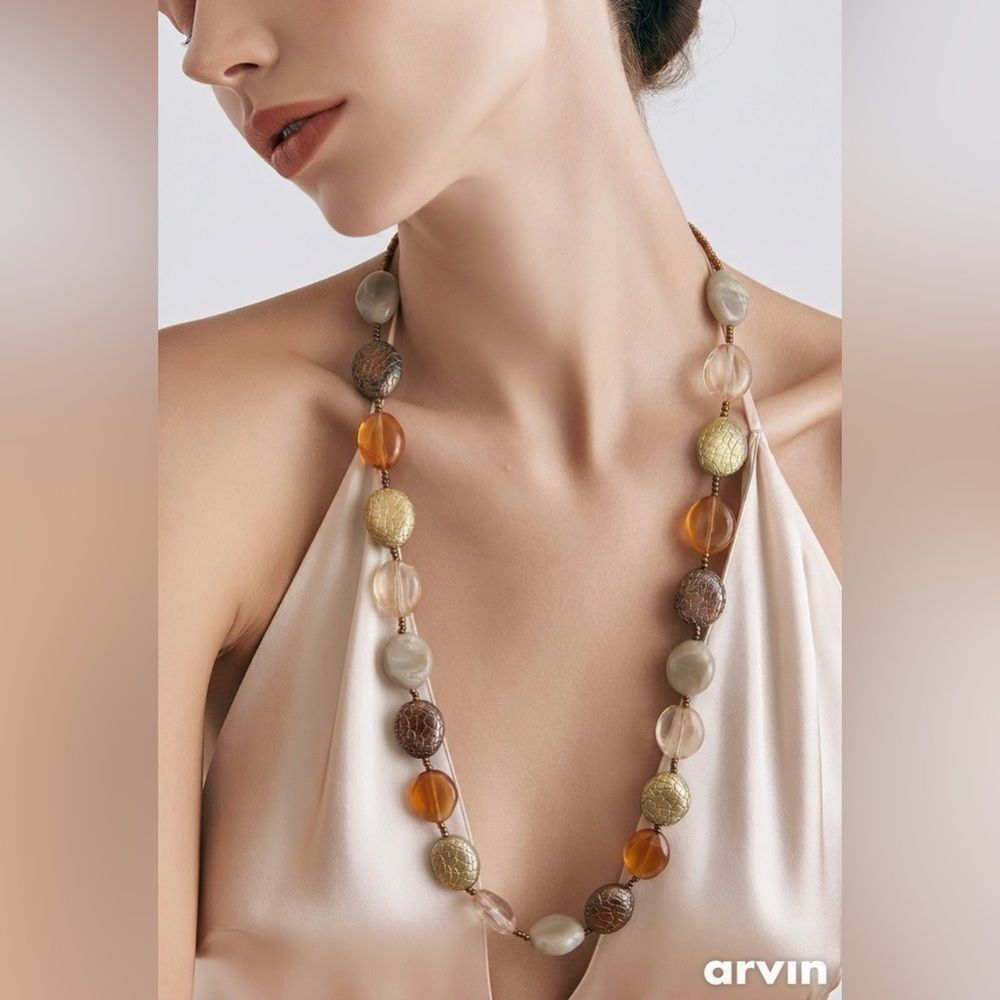 Vintage Neutral Tone Beaded Necklace – Mixed Resin & Textured Oval Beads